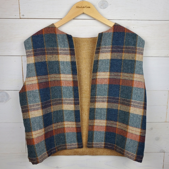 Vintage Jackets & Blazers - Vintage Neutral tan blue Plaid open front Vest jacket fall Unisex size large